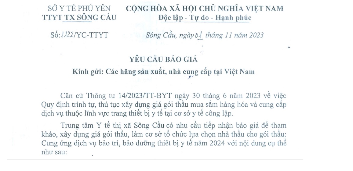 Yêu cầu báo giá Cung ứng dịch vụ bảo trì, bảo dưỡng thiết bị y tế năm 2024